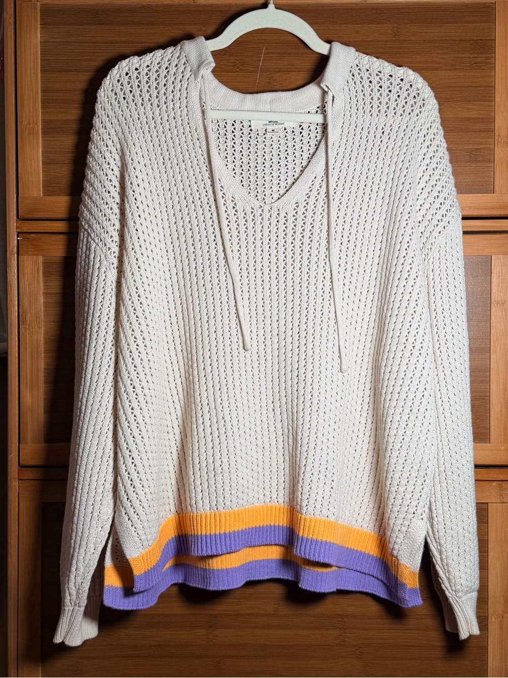 Rip Curl Cream V-Neck Knit Sweater with Yellow & Purple Hem